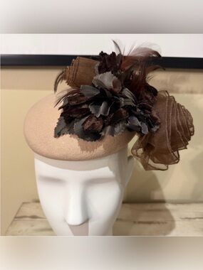Vintage Deborah New York Wool Felt Pillbox Hat Fascinator Feathers Rosette